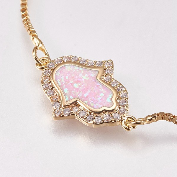 PandaHall Adjustable Brass Bolo Bracelets, Slider Bracelets, with Synthetic Opal and Cubic Zirconia, Hamsa Hand/Hand of Fatima/Hand of..., Pink
PandaHall Adjustable Brass Bolo Bracelets, Slider Bracelets, with Synthetic Opal and Cubic Zirconia, Hamsa Hand/Hand of Fatima/Hand of..., Pink