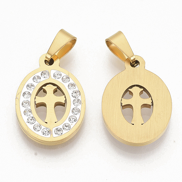 PandaHall 201 Stainless Steel Pendants, with Random Size Snap On Bails and Polymer Clay Crystal Rhinestones, Oval with Cross, Golden..., Clear
PandaHall 201 Stainless Steel Pendants, with Random Size Snap On Bails and Polymer Clay Crystal Rhinestones, Oval with Cross, Golden..., Clear