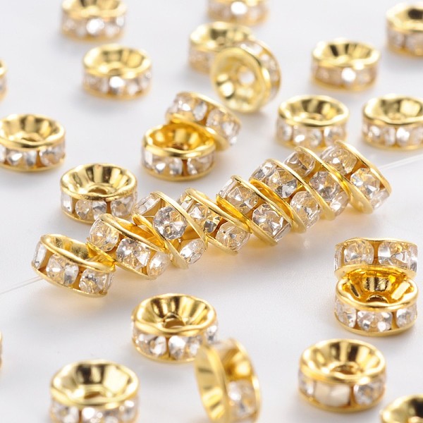 PandaHall Iron Rhinestone Spacer Beads, Grade B, Rondelle, Straight Edge, Clear, Golden, 7~8x3.5mm, Hole: 2mm Iron+Rhinestone Rondelle Clear
PandaHall Iron Rhinestone Spacer Beads, Grade B, Rondelle, Straight Edge, Clear, Golden, 7~8x3.5mm, Hole: 2mm Iron+Rhinestone Rondelle Clear
