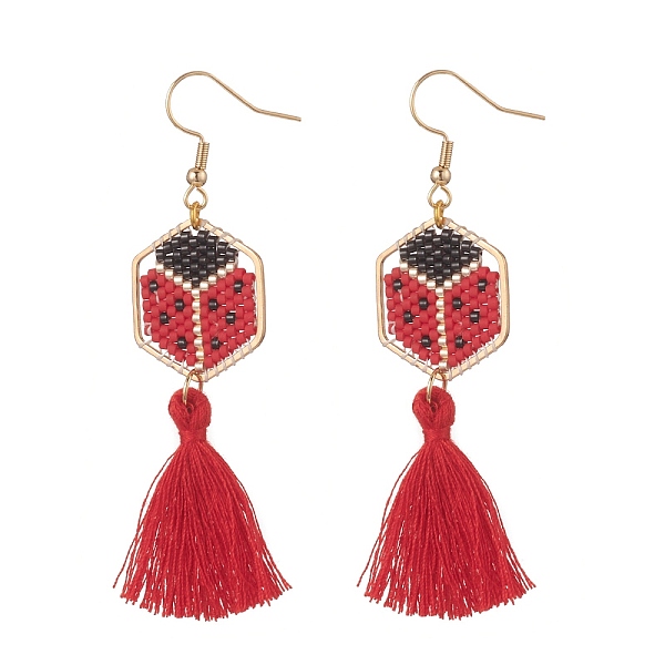 PandaHall Glass Seed Braided Hexagon Dangle Earrings, with Cotton Tassels, Golden 304 Stainless Steel Jewelry for Women, Ladybug, 72~75mm..., Black
PandaHall Glass Seed Braided Hexagon Dangle Earrings, with Cotton Tassels, Golden 304 Stainless Steel Jewelry for Women, Ladybug, 72~75mm..., Black