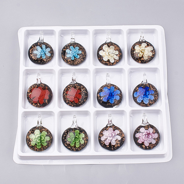 PandaHall Handmade Gold Sand Lampwork Pendants, Inner Flower, Flat Round, Mixed Color, 45~47x35~36x15~16mm, Hole: 8mm, Box Size..., Multicolor
PandaHall Handmade Gold Sand Lampwork Pendants, Inner Flower, Flat Round, Mixed Color, 45~47x35~36x15~16mm, Hole: 8mm, Box Size..., Multicolor