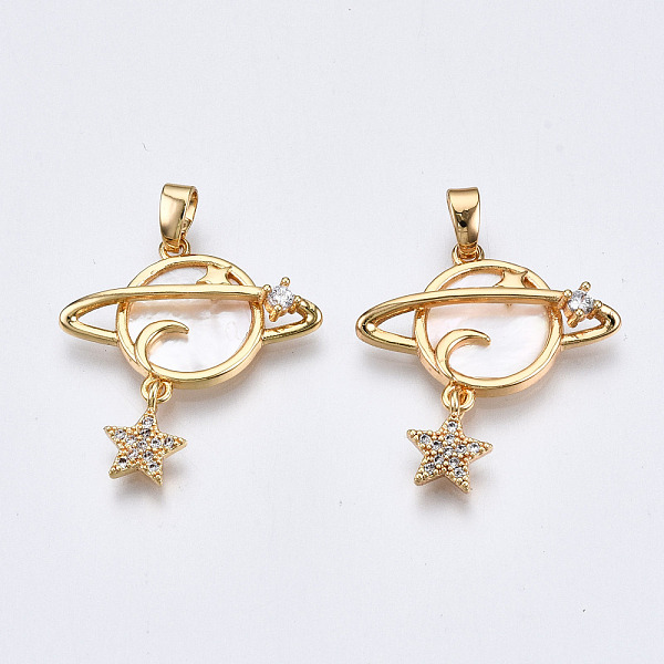PandaHall Brass Micro Pave Clear Cubic Zirconia Pendants, with White Sea Shell, Nickel Free, Planet with Star, Real 18K Gold Plated...
PandaHall Brass Micro Pave Clear Cubic Zirconia Pendants, with White Sea Shell, Nickel Free, Planet with Star, Real 18K Gold Plated...
