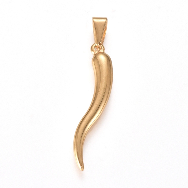 PandaHall 304 Stainless Steel Pendants, Italian Horn, Golden, 35x7x4mm, Hole: 8x3mm 304 Stainless Steel Horn
PandaHall 304 Stainless Steel Pendants, Italian Horn, Golden, 35x7x4mm, Hole: 8x3mm 304 Stainless Steel Horn