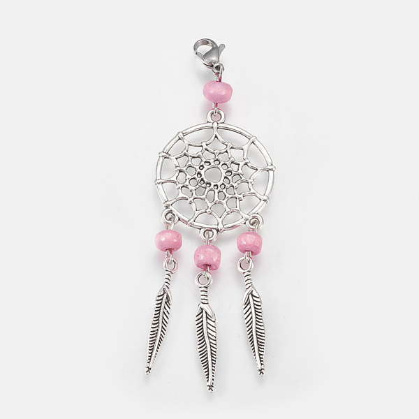PandaHall Tibetan Style Alloy Big Pendants, with Wood Beads and Lobster Claw Clasp, Woven Net/Web with Feather, Pearl Pink, 90mm Alloy...
PandaHall Tibetan Style Alloy Big Pendants, with Wood Beads and Lobster Claw Clasp, Woven Net/Web with Feather, Pearl Pink, 90mm Alloy...