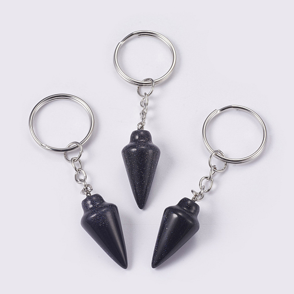 PandaHall Synthetic Blue Goldstone Keychain, with Iron Key Rings, Platinum, 78mm, Pendant: 32x14mm Blue Goldstone Cone
PandaHall Synthetic Blue Goldstone Keychain, with Iron Key Rings, Platinum, 78mm, Pendant: 32x14mm Blue Goldstone Cone