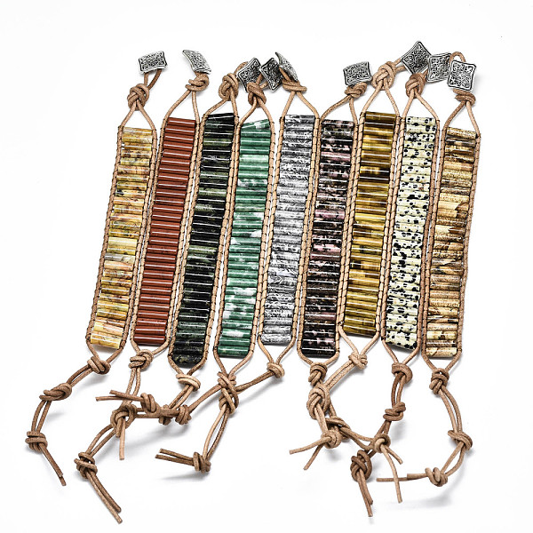 PandaHall Cowhide Leather Cord Bracelets, with Column Natural Gemstone Beads and Alloy Findings, 9~11 inch(23~28cm) Mixed Stone
PandaHall Cowhide Leather Cord Bracelets, with Column Natural Gemstone Beads and Alloy Findings, 9~11 inch(23~28cm) Mixed Stone
