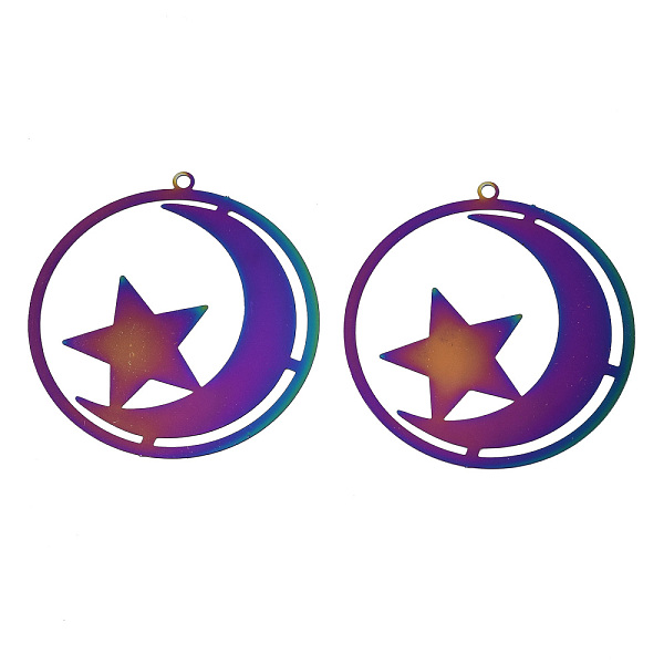 PandaHall Ion Plating(IP) 201 Stainless Steel Filigree Pendants, Etched Metal Embellishments, Ring with Moon & Star, Rainbow Color...
PandaHall Ion Plating(IP) 201 Stainless Steel Filigree Pendants, Etched Metal Embellishments, Ring with Moon & Star, Rainbow Color...