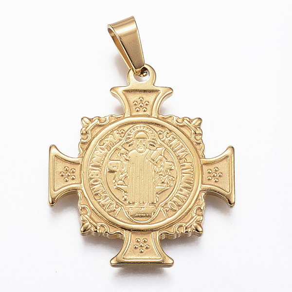 PandaHall 304 Stainless Steel Pendants, Cross with Saint Benedict Medal, Golden, 28.5x25x2mm, Hole: 4x6mm 304 Stainless Steel Cross
PandaHall 304 Stainless Steel Pendants, Cross with Saint Benedict Medal, Golden, 28.5x25x2mm, Hole: 4x6mm 304 Stainless Steel Cross
