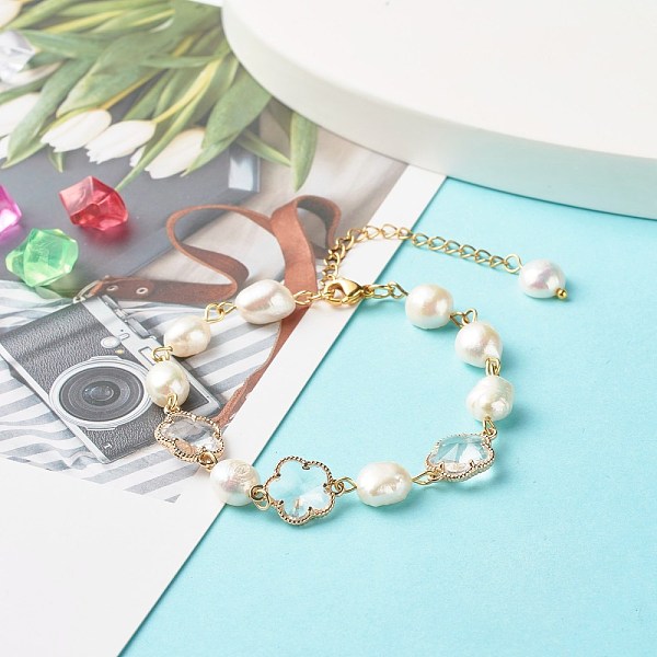 PandaHall Plum Blossom Flower Glass Link Bracelet for Girl Women, Natural Pearl Beads Bracelet, Golden, Clear, 7-1/8 inch(18cm) Pearl Clear
PandaHall Plum Blossom Flower Glass Link Bracelet for Girl Women, Natural Pearl Beads Bracelet, Golden, Clear, 7-1/8 inch(18cm) Pearl Clear