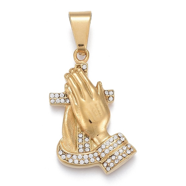 PandaHall 304 Stainless Steel Pendants, with Crystal Rhinestone, Praying Hands with Cross, Golden, 39.5x23.5x5.5mm, Hole: 6.5x11.5mm..., Clear
PandaHall 304 Stainless Steel Pendants, with Crystal Rhinestone, Praying Hands with Cross, Golden, 39.5x23.5x5.5mm, Hole: 6.5x11.5mm..., Clear