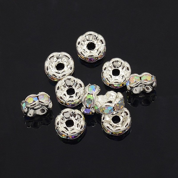 PandaHall Brass Rhinestone Spacer Beads, Grade AAA, Wavy Edge, Nickel Free, Silver Color Plated, Rondelle, Crystal AB, 6x3mm, Hole: 1mm..., Clear
PandaHall Brass Rhinestone Spacer Beads, Grade AAA, Wavy Edge, Nickel Free, Silver Color Plated, Rondelle, Crystal AB, 6x3mm, Hole: 1mm..., Clear