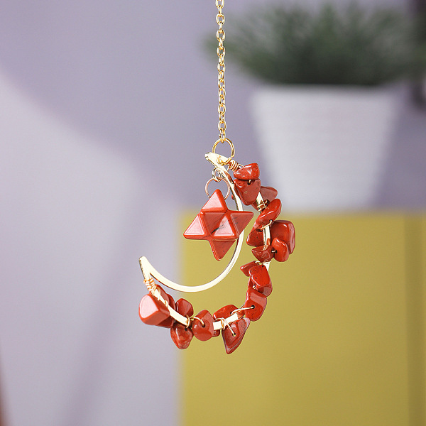 PandaHall Natural Red Jasper Chip Wire Wrapped Metal Moon Hanging Ornaments, Gemstone Merkabah Charm for Home Outdoor Decoration, 250mm Red...
PandaHall Natural Red Jasper Chip Wire Wrapped Metal Moon Hanging Ornaments, Gemstone Merkabah Charm for Home Outdoor Decoration, 250mm Red...