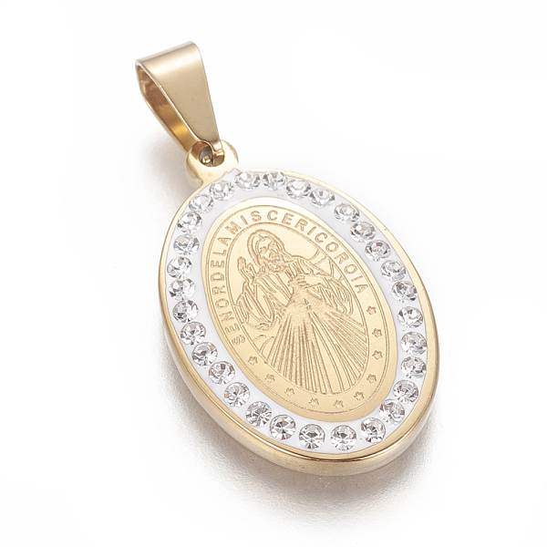 PandaHall 304 Stainless Steel Pendants, with Polymer Clay Rhinestone, Oval with Jesus & Word God's Compassion, Golden, 26x17x3mm, Hole..., White
PandaHall 304 Stainless Steel Pendants, with Polymer Clay Rhinestone, Oval with Jesus & Word God's Compassion, Golden, 26x17x3mm, Hole..., White