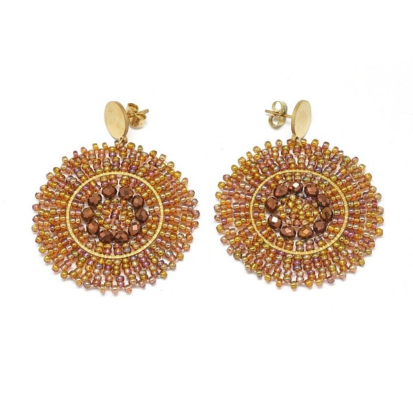 PandaHall Handmade Woven Glass Beads Dangle Stud Earrings, with 304 Stainless Steel Findings and Ear Nuts/Earring Back, Flat Round, Golden..., Gold
PandaHall Handmade Woven Glass Beads Dangle Stud Earrings, with 304 Stainless Steel Findings and Ear Nuts/Earring Back, Flat Round, Golden..., Gold