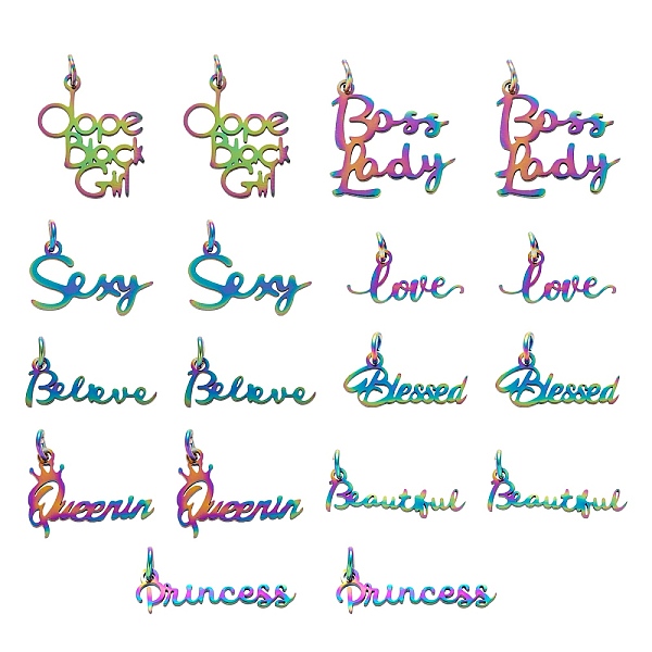 PandaHall 18Pcs 9 Style Ion Plating(IP) 201 Stainless Steel Pendants, with Jump Rings, Word, Rainbow Color, 7.5~20x16~23x1mm, Jump Ring...
PandaHall 18Pcs 9 Style Ion Plating(IP) 201 Stainless Steel Pendants, with Jump Rings, Word, Rainbow Color, 7.5~20x16~23x1mm, Jump Ring...