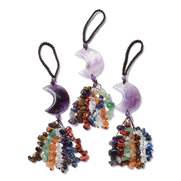 PandaHall Moon Natural Amethyst Pendant Decorations, Nylon Cord and Gemstone Chip Tassel Hanging Ornaments, 150~155mm Amethyst Moon
PandaHall Moon Natural Amethyst Pendant Decorations, Nylon Cord and Gemstone Chip Tassel Hanging Ornaments, 150~155mm Amethyst Moon