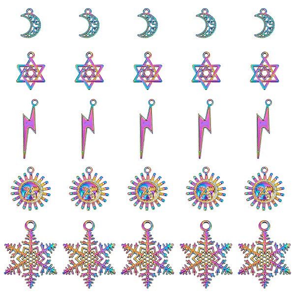 PandaHall 25Pcs 5 Styles Rainbow Color Alloy Pendants, Sun & Snowflake & Lightning Bolt & Moon & Star of David, 5pcs/style Alloy Mixed...
PandaHall 25Pcs 5 Styles Rainbow Color Alloy Pendants, Sun & Snowflake & Lightning Bolt & Moon & Star of David, 5pcs/style Alloy Mixed...