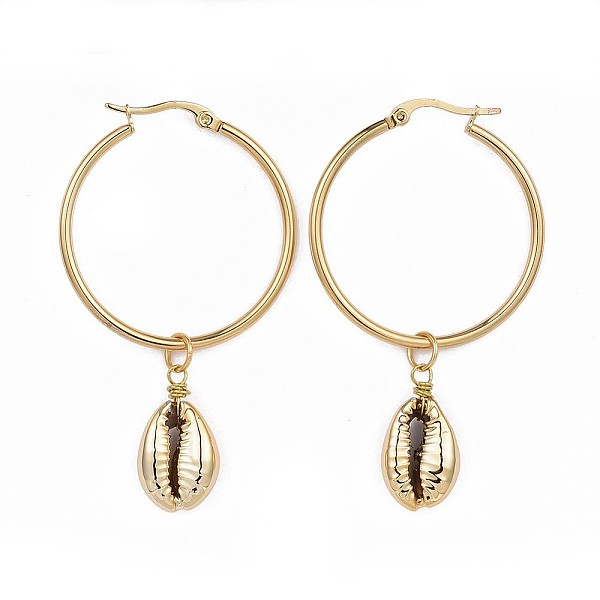 PandaHall 304 Stainless Steel Hoop Earrings, with Cowrie Shell Beads, Golden, 58~60mm, Pin: 1mm Shell Shell Shape
PandaHall 304 Stainless Steel Hoop Earrings, with Cowrie Shell Beads, Golden, 58~60mm, Pin: 1mm Shell Shell Shape
