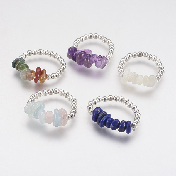 PandaHall Natural Gemstone Chip Stretch Rings, with Brass Beads, Silver Color Plated, 18mm Mixed Stone Multicolor
PandaHall Natural Gemstone Chip Stretch Rings, with Brass Beads, Silver Color Plated, 18mm Mixed Stone Multicolor