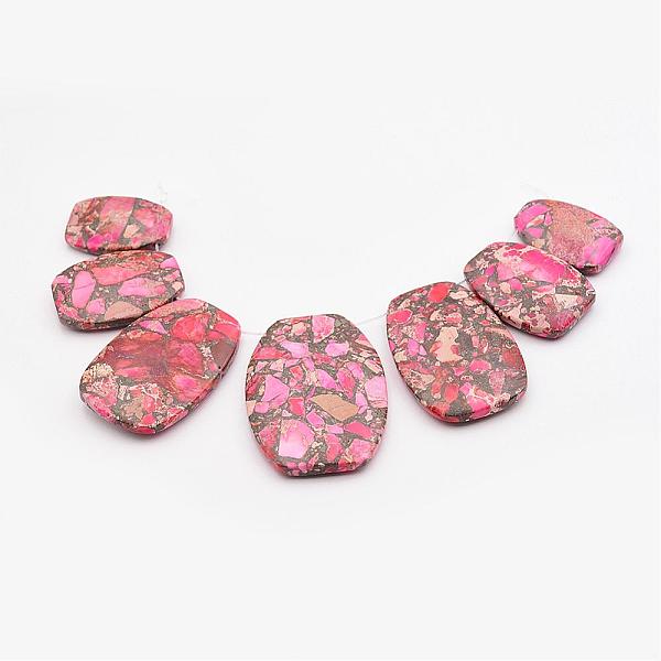 PandaHall Assembled Gold Line and Imperial Jasper Graduated Beads Strands, Dyed, Oval, Hot Pink, 30~49x20~35x7mm, Hole: 2mm, 7pcs/strand...
PandaHall Assembled Gold Line and Imperial Jasper Graduated Beads Strands, Dyed, Oval, Hot Pink, 30~49x20~35x7mm, Hole: 2mm, 7pcs/strand...