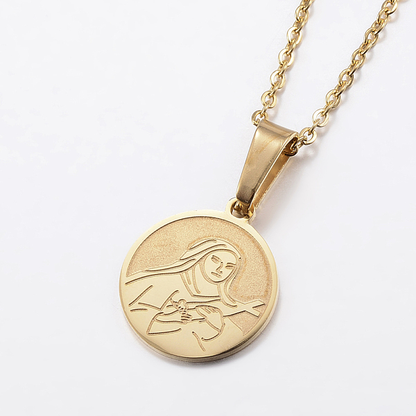 PandaHall 304 Stainless Steel Pendant Necklaces, Flat Round with Virgin Mary and Cross, Golden, 17.7 inch(45cm), 1.5mm 304 Stainless Steel
PandaHall 304 Stainless Steel Pendant Necklaces, Flat Round with Virgin Mary and Cross, Golden, 17.7 inch(45cm), 1.5mm 304 Stainless Steel