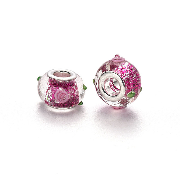 PandaHall Handmade Lampwork European Beads, Large Hole Beads, Rondelle with Flower, Bumpy Beads, with Glitter Powder, Platinum Tone Brass..., Pink
PandaHall Handmade Lampwork European Beads, Large Hole Beads, Rondelle with Flower, Bumpy Beads, with Glitter Powder, Platinum Tone Brass..., Pink