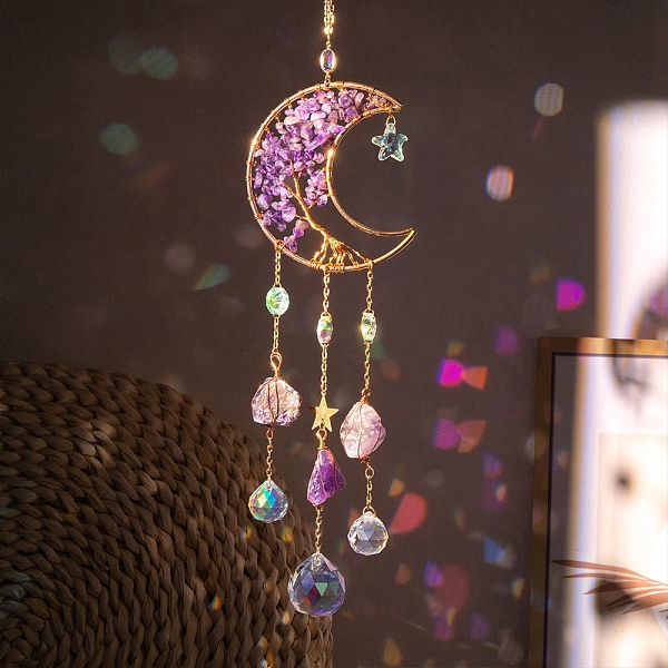 PandaHall Moon Natural Amethyst Chips & Glass Suncatchers, Hanging Pendant Decorations with Golden Metal Findings, 360mm Amethyst Moon
PandaHall Moon Natural Amethyst Chips & Glass Suncatchers, Hanging Pendant Decorations with Golden Metal Findings, 360mm Amethyst Moon