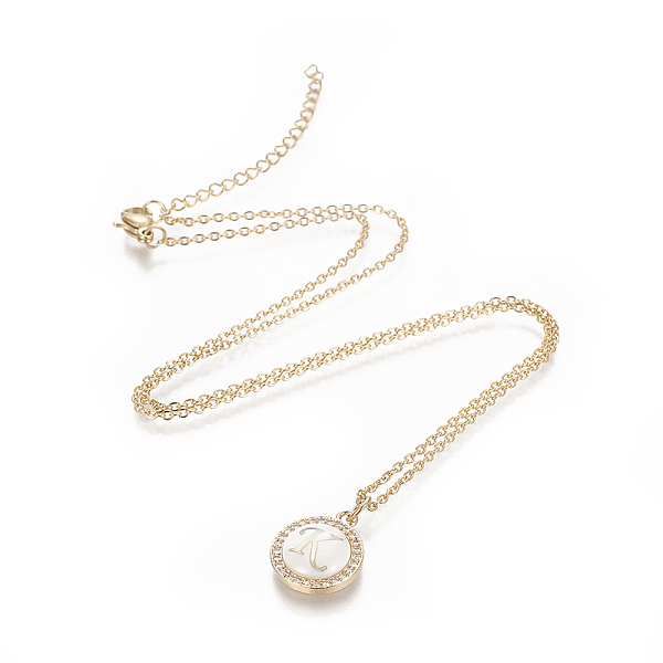 PandaHall Brass Initial Pendant Necklaces, with Shell, Cubic Zirconia and 304 Stainless Steel Cable Chains, Flat Round with Letter, Letter.K..., Clear
PandaHall Brass Initial Pendant Necklaces, with Shell, Cubic Zirconia and 304 Stainless Steel Cable Chains, Flat Round with Letter, Letter.K..., Clear