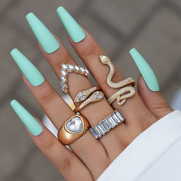 PandaHall 5Pcs 5 Style Snake & Heart & Rectangle Rhinestone Finger Rings Set, Golden Alloy Wide Stackable Rings for Women, Crystal, Inner..., Clear
PandaHall 5Pcs 5 Style Snake & Heart & Rectangle Rhinestone Finger Rings Set, Golden Alloy Wide Stackable Rings for Women, Crystal, Inner..., Clear