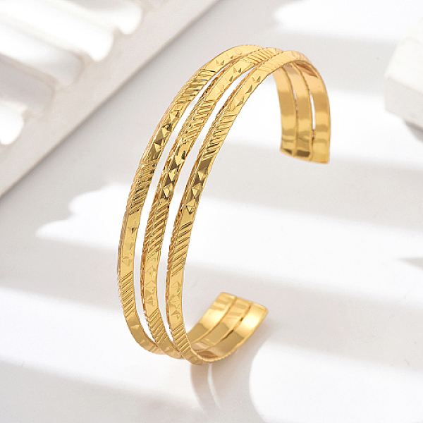 PandaHall Stainless Steel Triple Layer Cuff Bangles, Real 18K Gold Plated, Inner Diameter: 2-3/8~2-3/4 inch(6~7cm) Stainless Steel
PandaHall Stainless Steel Triple Layer Cuff Bangles, Real 18K Gold Plated, Inner Diameter: 2-3/8~2-3/4 inch(6~7cm) Stainless Steel
