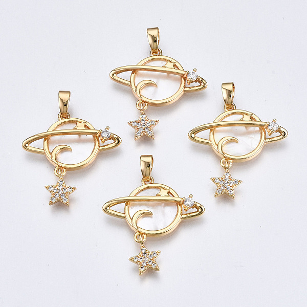 PandaHall Brass Micro Pave Clear Cubic Zirconia Pendants, with White Sea Shell, Nickel Free, Planet with Star, Real 18K Gold Plated...
PandaHall Brass Micro Pave Clear Cubic Zirconia Pendants, with White Sea Shell, Nickel Free, Planet with Star, Real 18K Gold Plated...