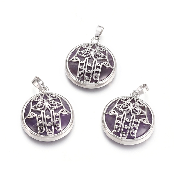 PandaHall Natural Amethyst Pendants, with Platinum Tone Brass Findings, Flat with Hamsa Hand/Hand of Miriam, 31x27.5x8.5mm, Hole: 6.5x4mm...
PandaHall Natural Amethyst Pendants, with Platinum Tone Brass Findings, Flat with Hamsa Hand/Hand of Miriam, 31x27.5x8.5mm, Hole: 6.5x4mm...