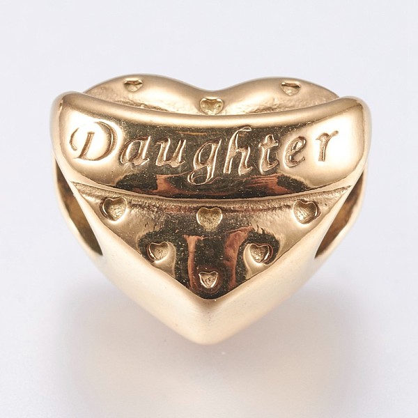 PandaHall 304 Stainless Steel European Beads, Ion Plating (IP), Large Hole Beads, Heart with Word Daughter, Golden, 11.5x15x11mm, Hole: 5mm... 
PandaHall 304 Stainless Steel European Beads, Ion Plating (IP), Large Hole Beads, Heart with Word Daughter, Golden, 11.5x15x11mm, Hole: 5mm...