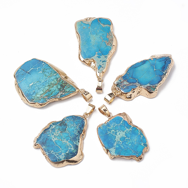 PandaHall Natural Regalite/Imperial Jasper/Sea Sediment Jasper Pendants, with Golden Tone Iron Brass Findings, Dyed, Nuggets, Deep Sky Blue...
PandaHall Natural Regalite/Imperial Jasper/Sea Sediment Jasper Pendants, with Golden Tone Iron Brass Findings, Dyed, Nuggets, Deep Sky Blue...