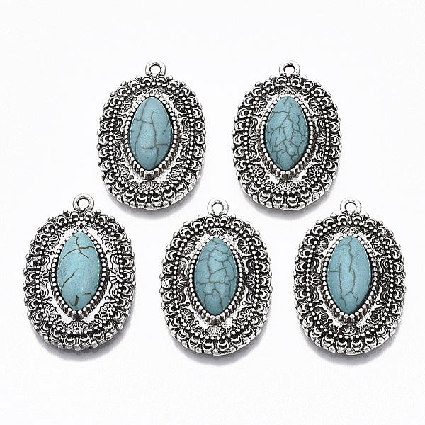 PandaHall Tibetan Style Alloy Pendants, with Synthetic Turquoise, Cadmium Free & Lead Free, Oval, Antique Silver, 35x22x8.5mm, Hole: 1.6mm...
PandaHall Tibetan Style Alloy Pendants, with Synthetic Turquoise, Cadmium Free & Lead Free, Oval, Antique Silver, 35x22x8.5mm, Hole: 1.6mm...