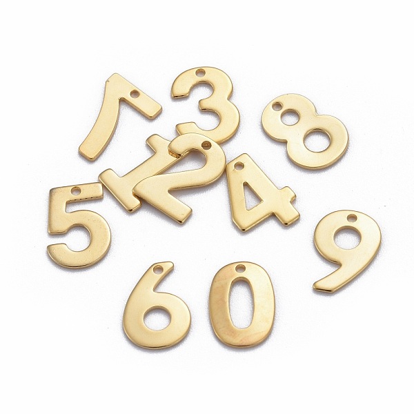 PandaHall 201 Stainless Steel Charms, Number, Mixed, Golden, 11x7~8x0.8mm, Hole: 1mm 201 Stainless Steel Number
PandaHall 201 Stainless Steel Charms, Number, Mixed, Golden, 11x7~8x0.8mm, Hole: 1mm 201 Stainless Steel Number