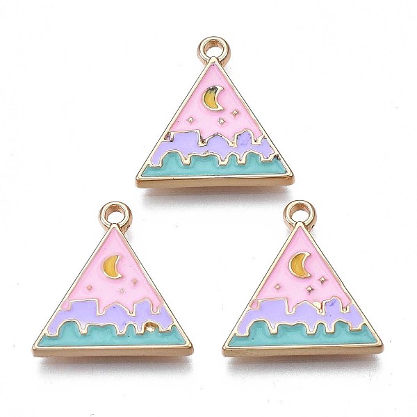 PandaHall Rack Plating Alloy Enamel Pendants, Cadmium Free & Nickel Free & Lead Free, Light Gold, Triangle with Wave & Moon, Pink...
PandaHall Rack Plating Alloy Enamel Pendants, Cadmium Free & Nickel Free & Lead Free, Light Gold, Triangle with Wave & Moon, Pink...