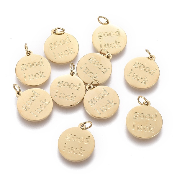 PandaHall Ion Plating(IP) 304 Stainless Steel Charms, with Jump Rings, Flat Round with Word Good Luck, Golden, 11.5x10x0.8mm, Hole: 2mm 304...
PandaHall Ion Plating(IP) 304 Stainless Steel Charms, with Jump Rings, Flat Round with Word Good Luck, Golden, 11.5x10x0.8mm, Hole: 2mm 304...
