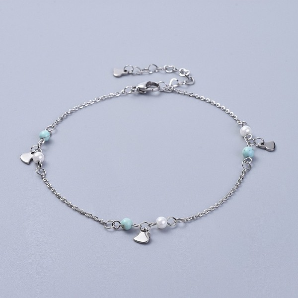 PandaHall 304 Stainless Steel Charm Anklets, with Synthetic Turquoise Beads and Glass Pearl, Heart, Stainless Steel Color, 9-5/8 inch...
PandaHall 304 Stainless Steel Charm Anklets, with Synthetic Turquoise Beads and Glass Pearl, Heart, Stainless Steel Color, 9-5/8 inch...