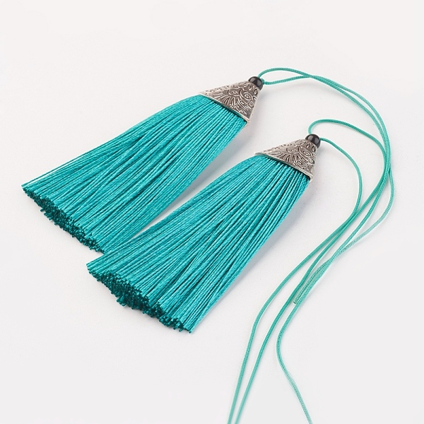 PandaHall Nylon Tassels Big Pendant Decorations, with CCB Plastic, Antique Silver, Turquoise, 85x20x10.5mm Nylon Green
PandaHall Nylon Tassels Big Pendant Decorations, with CCB Plastic, Antique Silver, Turquoise, 85x20x10.5mm Nylon Green