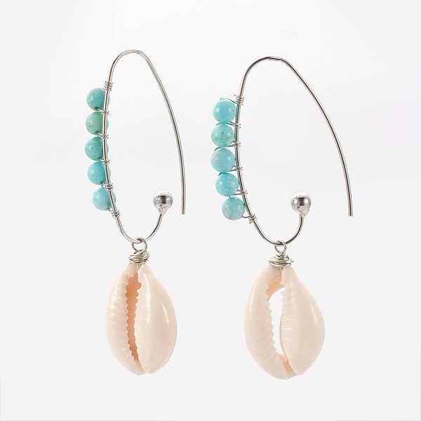PandaHall Cowrie Shell Dangle Earrings, with Synthetic Turquoise Round Beads and Brass Earring Hooks, Platinum, 63~66mm, Pin: 0.9mm...
PandaHall Cowrie Shell Dangle Earrings, with Synthetic Turquoise Round Beads and Brass Earring Hooks, Platinum, 63~66mm, Pin: 0.9mm...