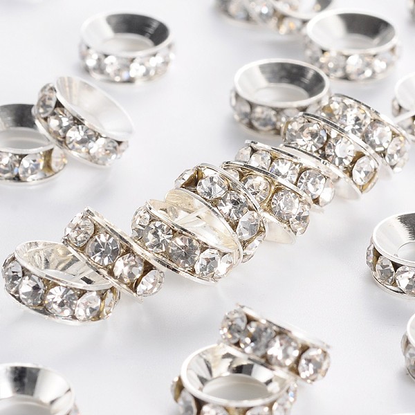 PandaHall Brass Rhinestone Spacer Beads, Grade A, Rondelle, Silver Color Plated, Crystal, 10x4.2mm, Hole: 5.2~5.7mm Brass+Rhinestone..., Clear
PandaHall Brass Rhinestone Spacer Beads, Grade A, Rondelle, Silver Color Plated, Crystal, 10x4.2mm, Hole: 5.2~5.7mm Brass+Rhinestone..., Clear