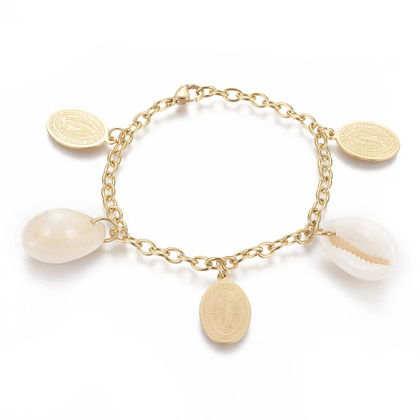 PandaHall 304 Stainless Steel Charm Bracelets, with Natural Cowrie Shell, Oval with Virgin Mary, Golden, 7-3/4 inch(19.6cm), 4mm Shell White
PandaHall 304 Stainless Steel Charm Bracelets, with Natural Cowrie Shell, Oval with Virgin Mary, Golden, 7-3/4 inch(19.6cm), 4mm Shell White