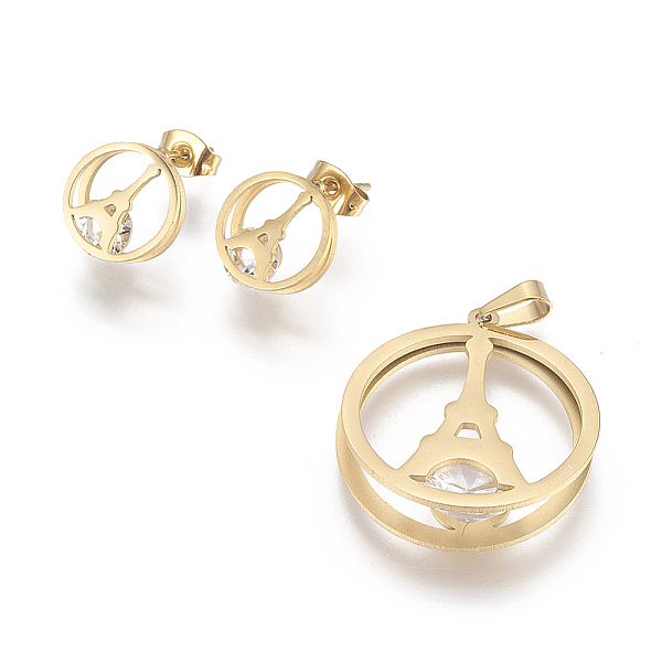 PandaHall 304 Stainless Steel Pendants and Stud Earrings Jewelry Sets, with Rhinestone, Flat Round with Eiffel Tower, Golden, Pendants..., Clear
PandaHall 304 Stainless Steel Pendants and Stud Earrings Jewelry Sets, with Rhinestone, Flat Round with Eiffel Tower, Golden, Pendants..., Clear