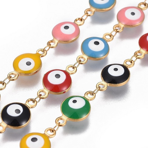 PandaHall Handmade 304 Stainless Steel Enamel Chains, Flat Round Evil Eye, Unwelded, Golden, 14.5x8x3~3.5mm Stainless Steel+Enamel
PandaHall Handmade 304 Stainless Steel Enamel Chains, Flat Round Evil Eye, Unwelded, Golden, 14.5x8x3~3.5mm Stainless Steel+Enamel