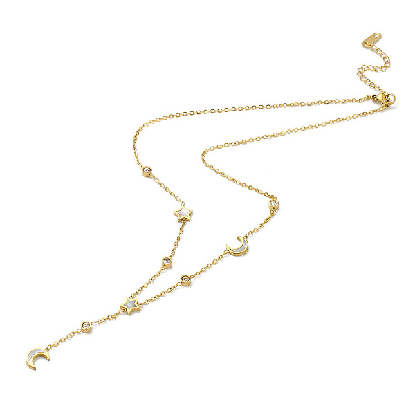 PandaHall Rhinestone & Natural Shell Moon & Star Link Chains Lariat Necklace, Ion Plating(IP) 304 Stainless Steel Jewelry for Women, Golden..., Clear
PandaHall Rhinestone & Natural Shell Moon & Star Link Chains Lariat Necklace, Ion Plating(IP) 304 Stainless Steel Jewelry for Women, Golden..., Clear