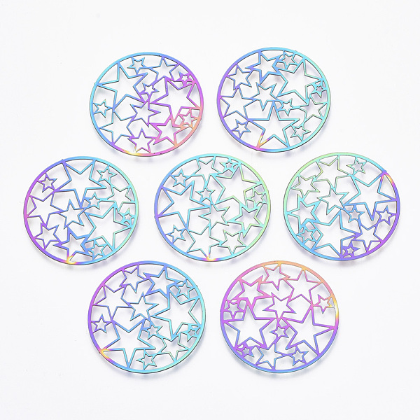 PandaHall Ion Plating(IP) 201 Stainless Steel Filigree Joiners Links, Etched Metal Embellishments, Flat Round with Star, Rainbow Color...
PandaHall Ion Plating(IP) 201 Stainless Steel Filigree Joiners Links, Etched Metal Embellishments, Flat Round with Star, Rainbow Color...
