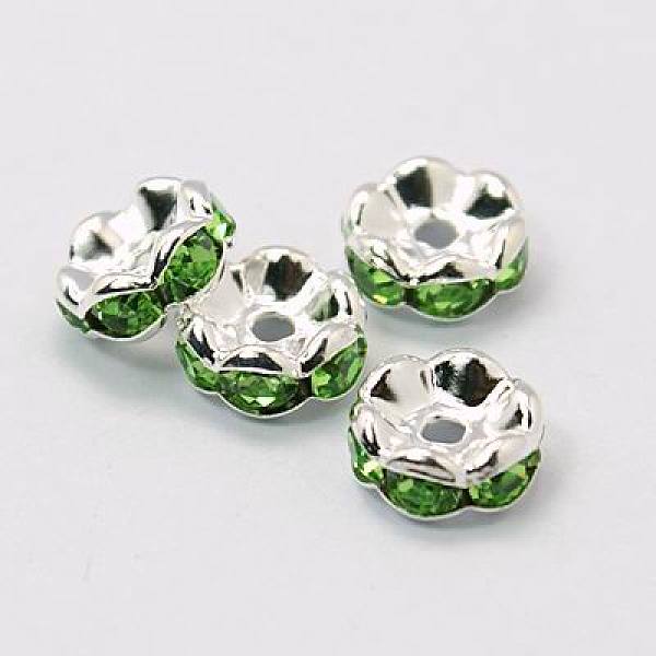 PandaHall Brass Rhinestone Spacer Beads, Grade A, Green Rhinestone, Silver Color Plated, Nickel Free, about 8mm in diameter, 3.8mm thick...
PandaHall Brass Rhinestone Spacer Beads, Grade A, Green Rhinestone, Silver Color Plated, Nickel Free, about 8mm in diameter, 3.8mm thick...