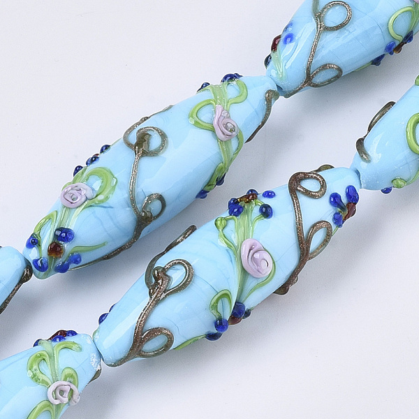 PandaHall Handmade Gold Sand Lampwork Beads Strands, Bumpy, Rice with Flower Pattern, Light Sky Blue, 45~47.5x14.5~15.5mm, Hole: 1.5mm...
PandaHall Handmade Gold Sand Lampwork Beads Strands, Bumpy, Rice with Flower Pattern, Light Sky Blue, 45~47.5x14.5~15.5mm, Hole: 1.5mm...