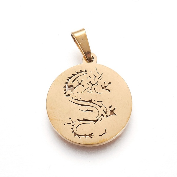 PandaHall 304 Stainless Steel Pendants, Flat Round with Dragon, Golden, 19~20x16~17x1.5mm, Hole: 5x2.5mm 304 Stainless Steel Flat Round
PandaHall 304 Stainless Steel Pendants, Flat Round with Dragon, Golden, 19~20x16~17x1.5mm, Hole: 5x2.5mm 304 Stainless Steel Flat Round